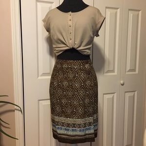 Midi Wrap Skirt in Tan Brown Blue Earthen Patterns